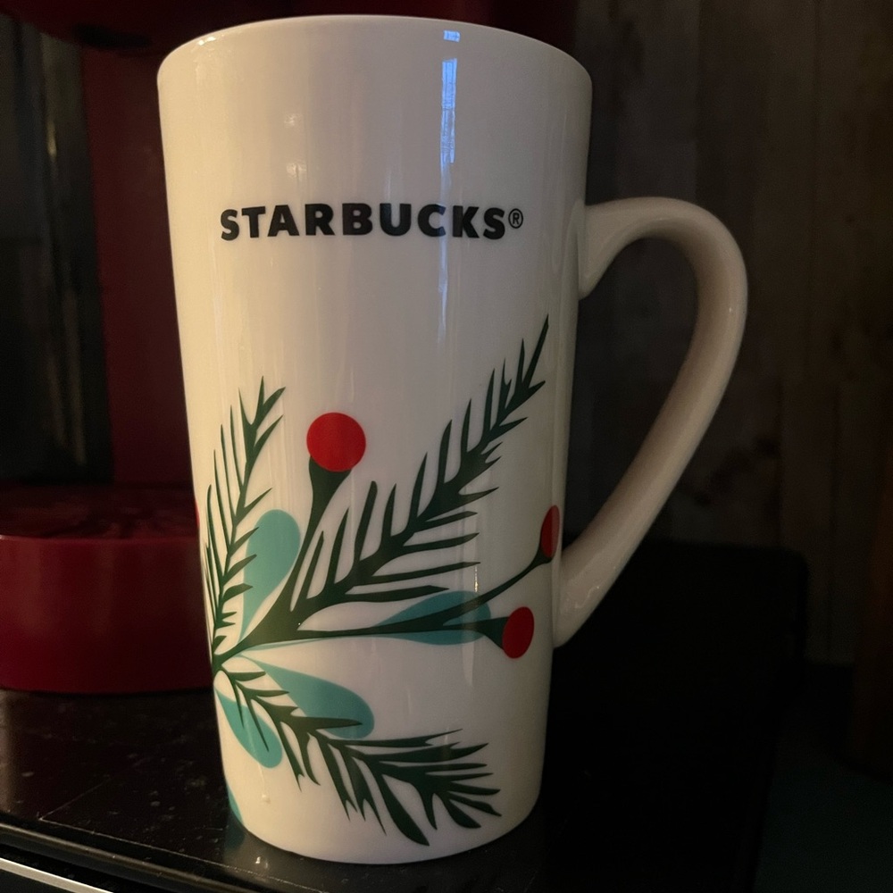 Starbucks White Holiday Mug with Green and Red Design, 14 oz.